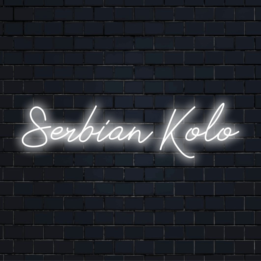 Serbian Kolo LED Neon Sign, bright LED glow on dark brick wall