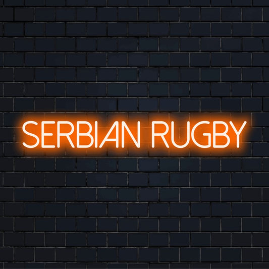 Serbian Rugby Neon Light with bright LED glow on black brick background