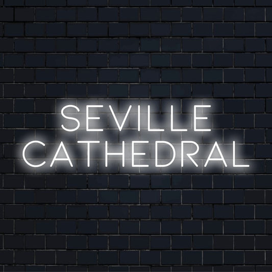 Seville Cathedral Neon Sign, glowing neon text on black brick background