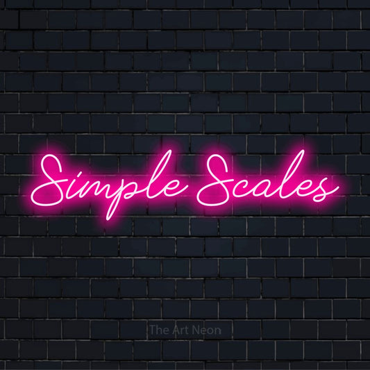 "Simple Scales" text design with neon effect on a black brick wall