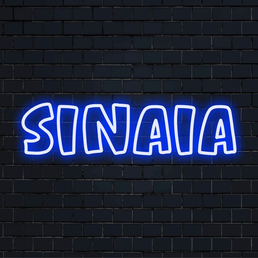 Sinaia Neon Sign, bright neon glow against black brick wall