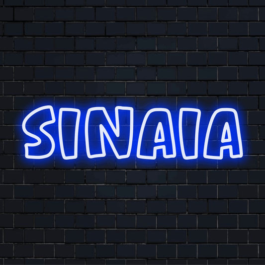 Sinaia Neon Sign, bright neon glow against black brick wall