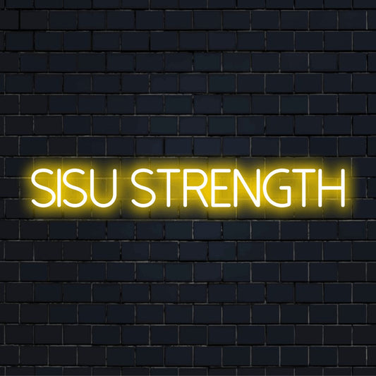 Sisu Strength Neon Light with glowing lettering against black brick wall