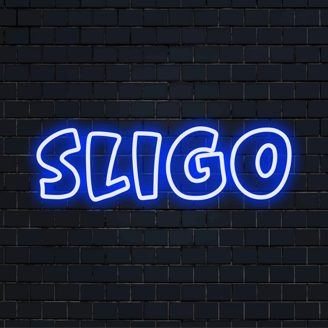 Sligo LED Neon Sign, glowing neon text against brick backdrop