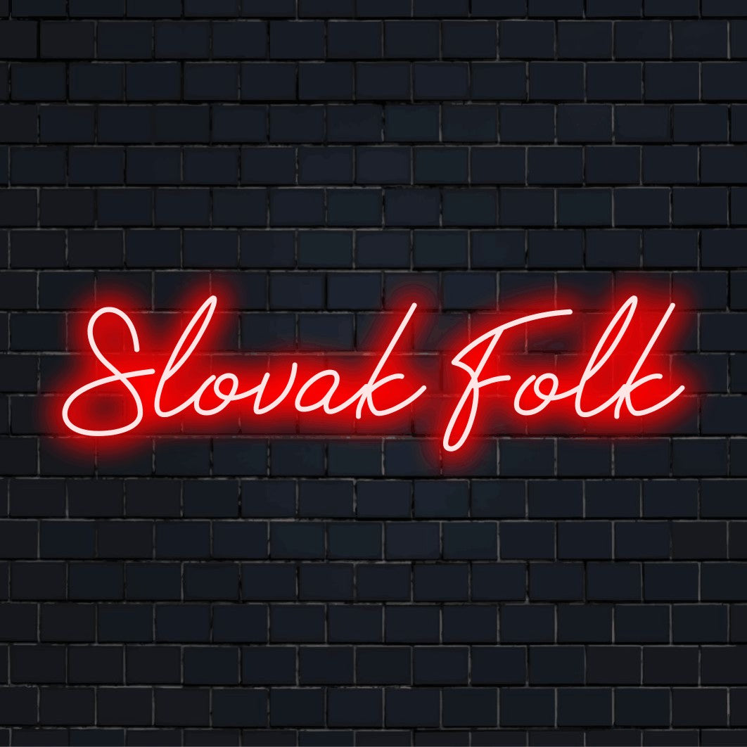 Slovak Folk Neon Light with glowing wall decor on dark brick background