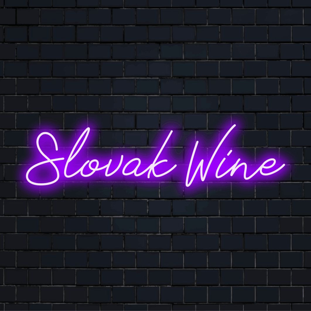 Slovak Wine Neon Light with bright LED glow against black brick wall
