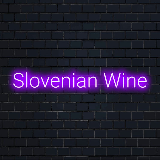 Slovenian Wine Neon Sign, glowing wall decor on dark brick background