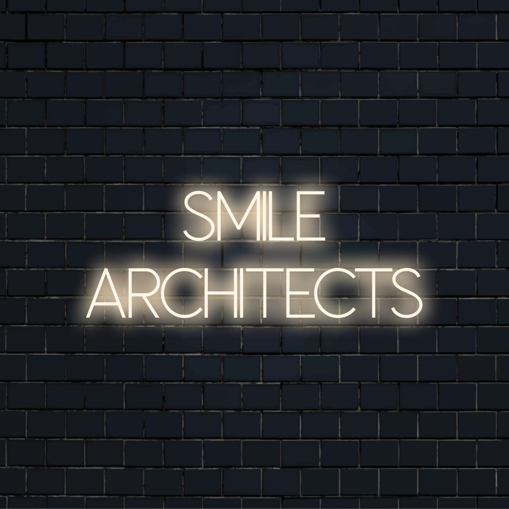 Smile Architects Neon Sign, bright neon lettering against black brick wall