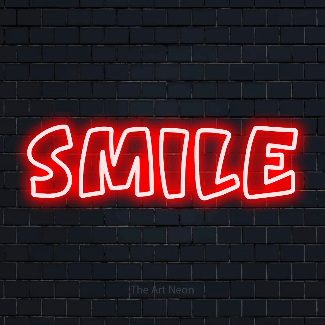 "Smile" neon text design on a black brick wall