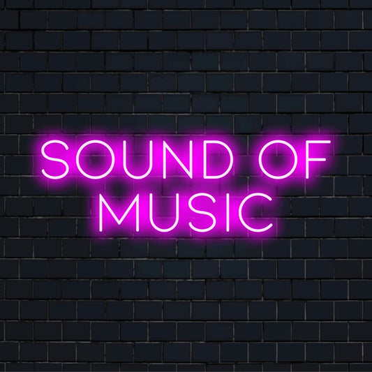 Sound Of Music Neon Sign, glowing lettering on black brick background