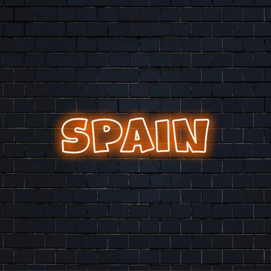 Spain Neon Light with bright neon glow on dark brick wall