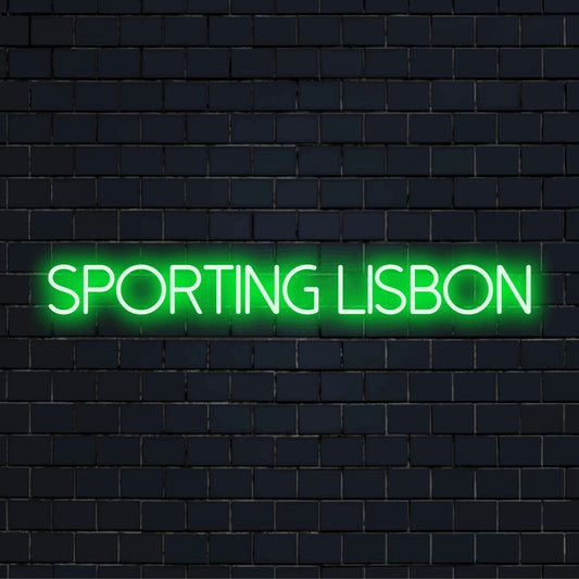 Sporting Lisbon Neon Sign, bright neon lettering on dark brick background