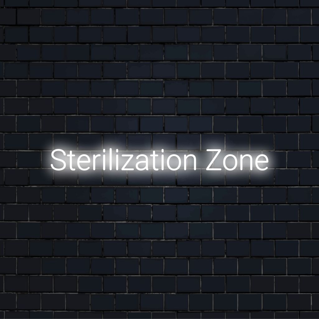 Sterilization Zone Neon Sign, bright neon glow against brick backdrop