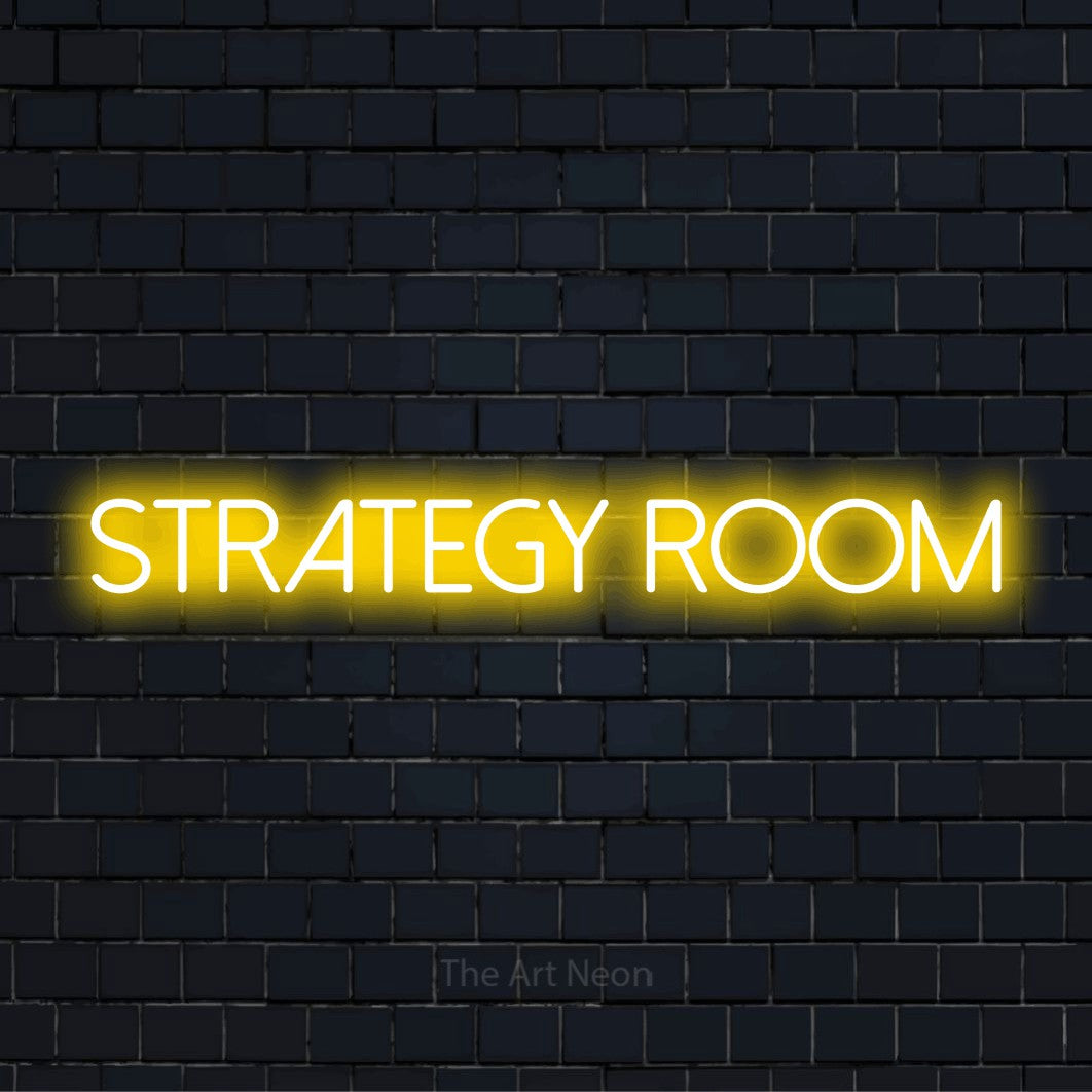 "Strategy Room" script-style LED neon sign on a black brick wall