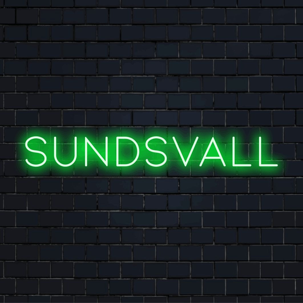Sundsvall Neon Sign, neon text light on dark brick wall