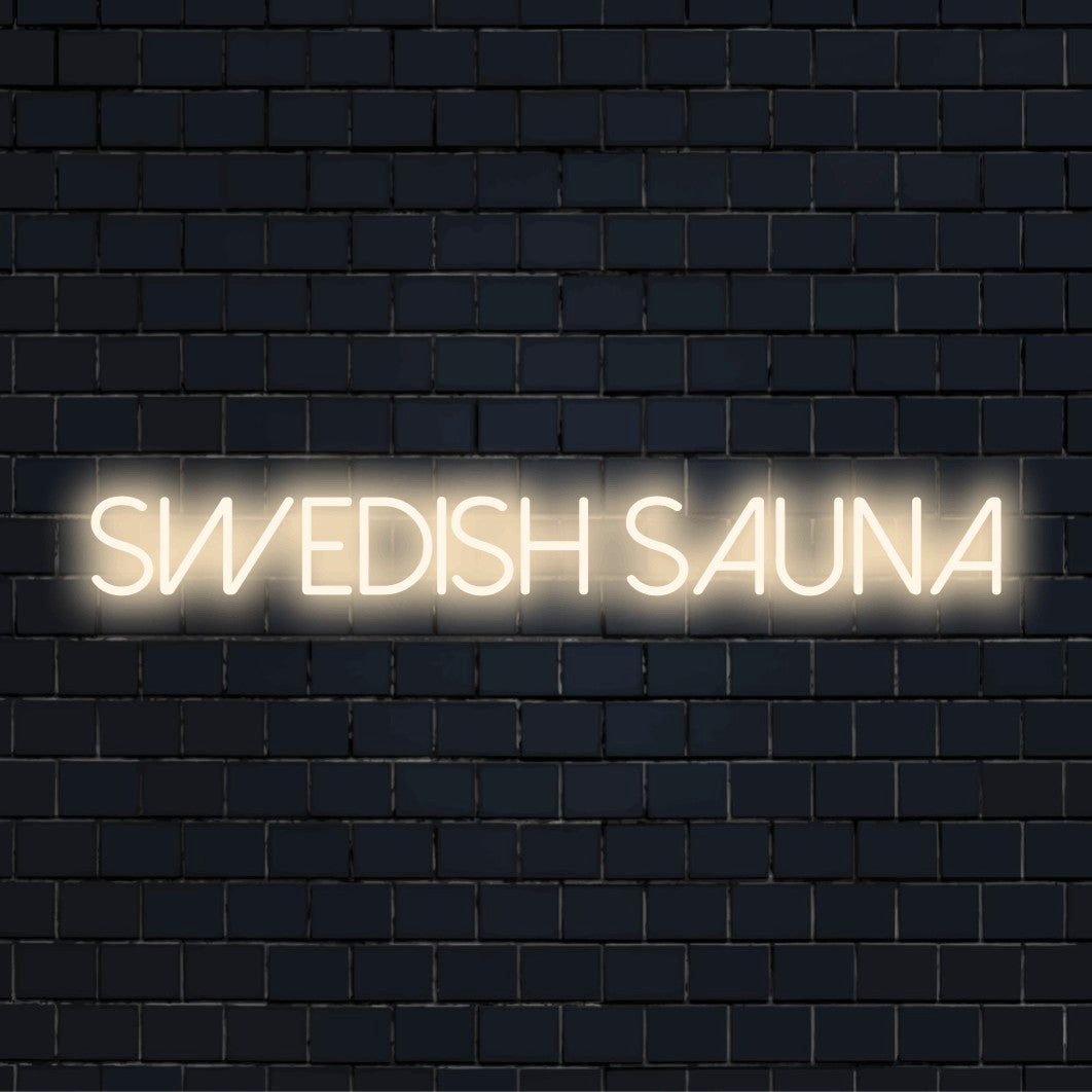 Swedish Sauna Neon Sign, bright neon lettering on dark brick background