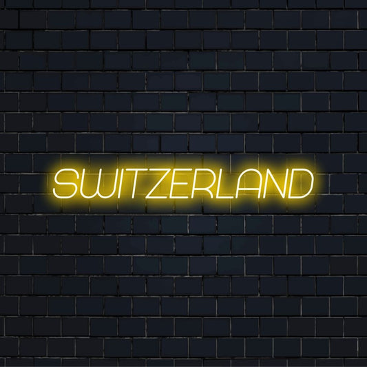 Switzerland Neon Light with glowing lettering on dark brick wall