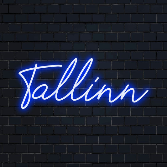 Tallinn Neon Light with neon text light against brick backdrop