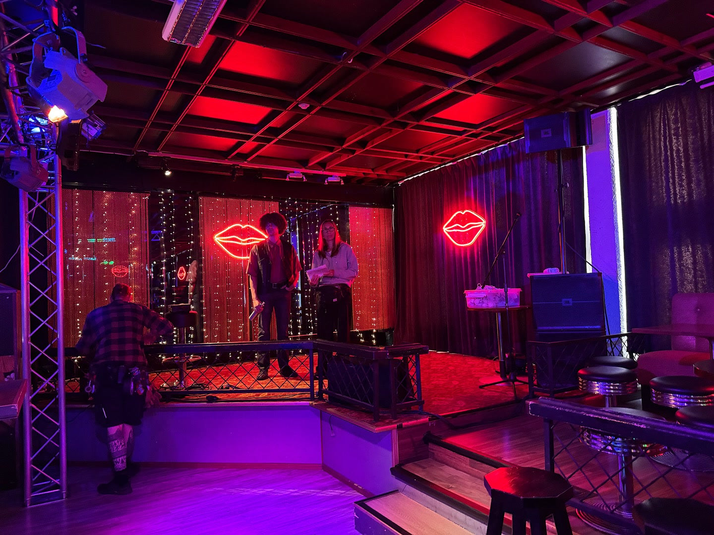Red lip-shaped LED neon signs used on a Solar Films production set in Finland