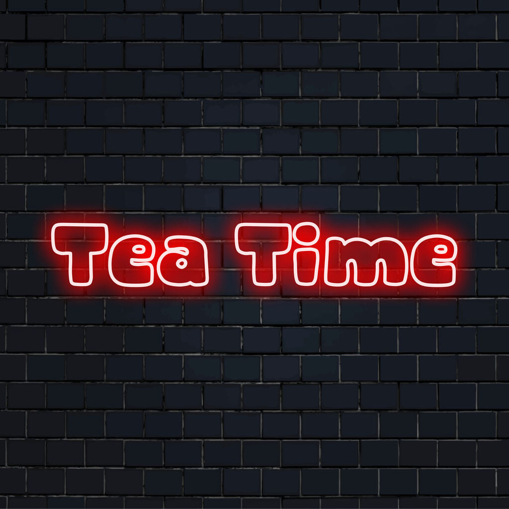 Tea Time LED Neon Sign, glowing neon text on black brick background