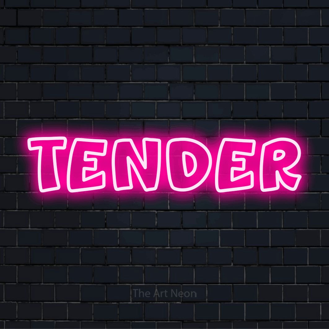 "Tender" neon text design on a black brick wall