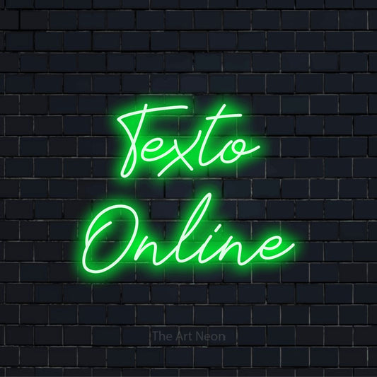 Letreiro néon LED com o texto “Texto Online” numa parede escura