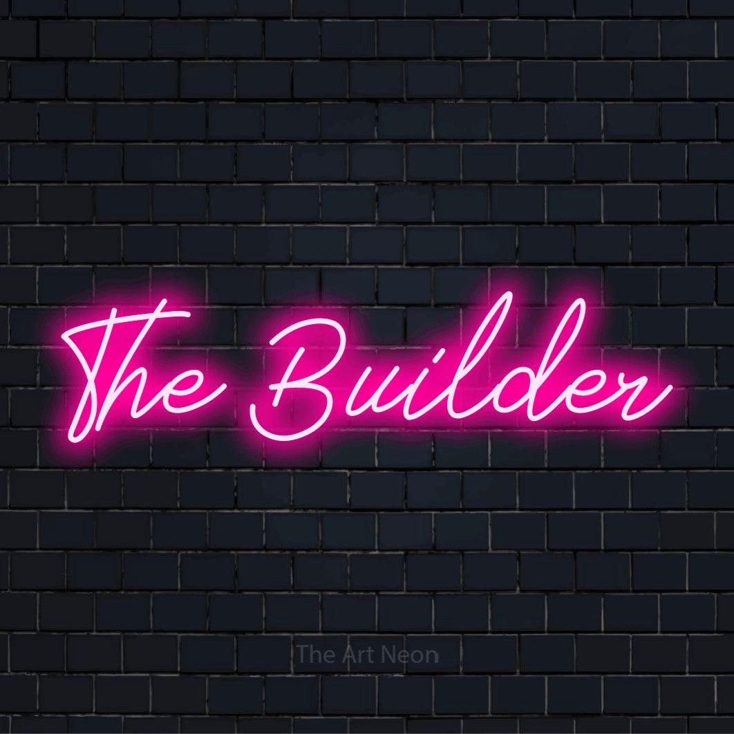 "The Builder" LED neon sign on a black brick wall