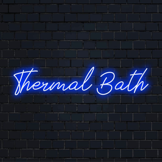 Thermal Bath Neon Sign, soft neon glow on black brick background