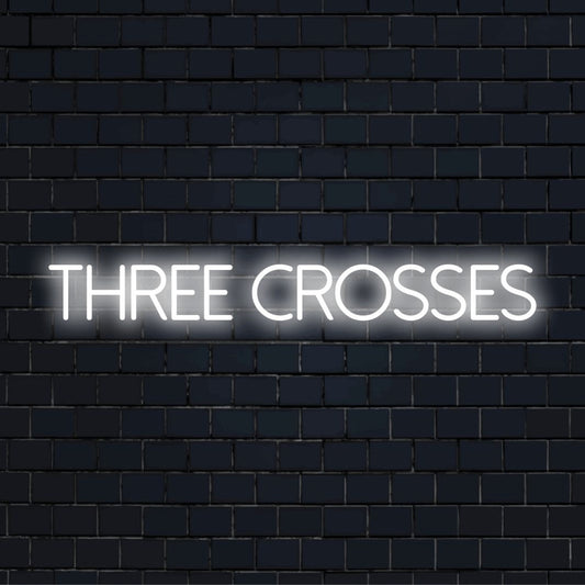 Three Crosses Neon Sign, glowing neon text on dark brick background