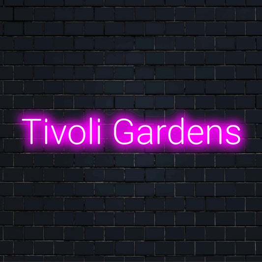 Tivoli Gardens Neon Sign, glowing wall decor against brick backdrop