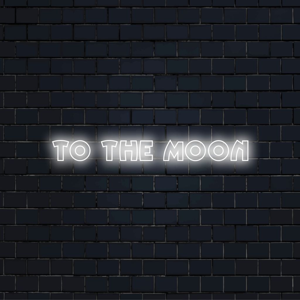 To The Moon Neon Sign, bright neon glow on black brick background