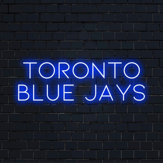 Toronto Blue Jays LED Neon Sign, bright neon lettering on dark brick wall