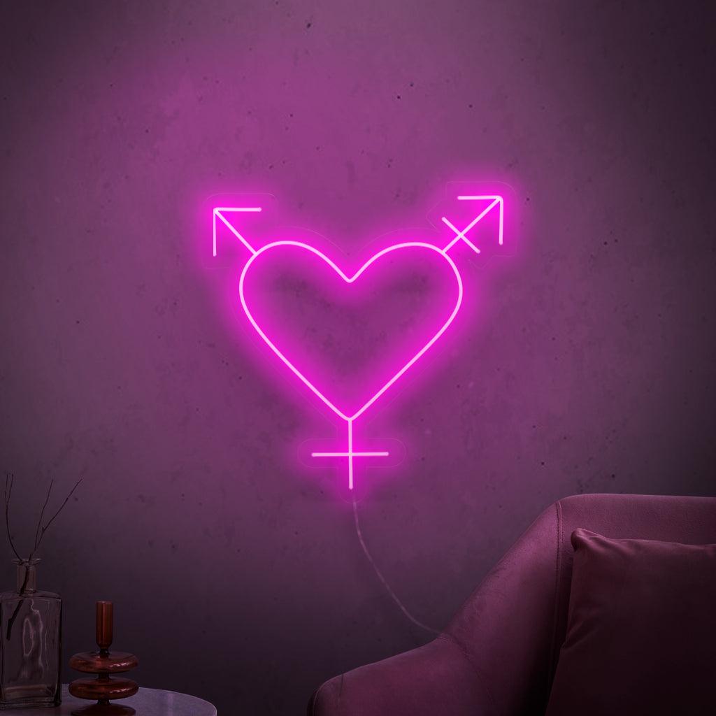 Ein leuchtendes Neonschild mit dem Transgender-Symbol, das die LGBTQ+-Community und die Prinzipien der Inklusivität und Gleichheit repräsentiert.