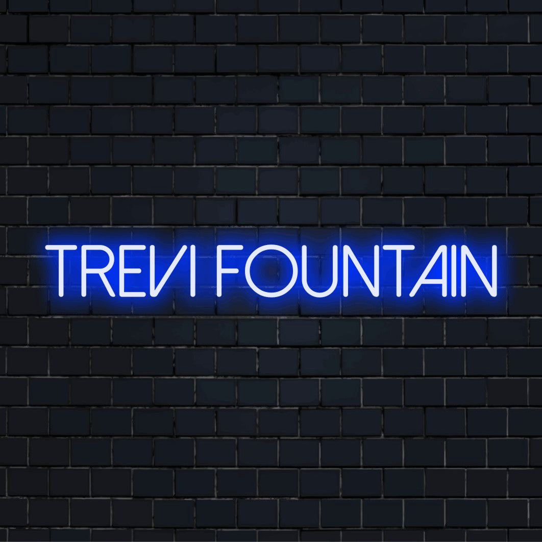 Trevi Fountain LED Neon Sign, bright neon lettering on dark brick background