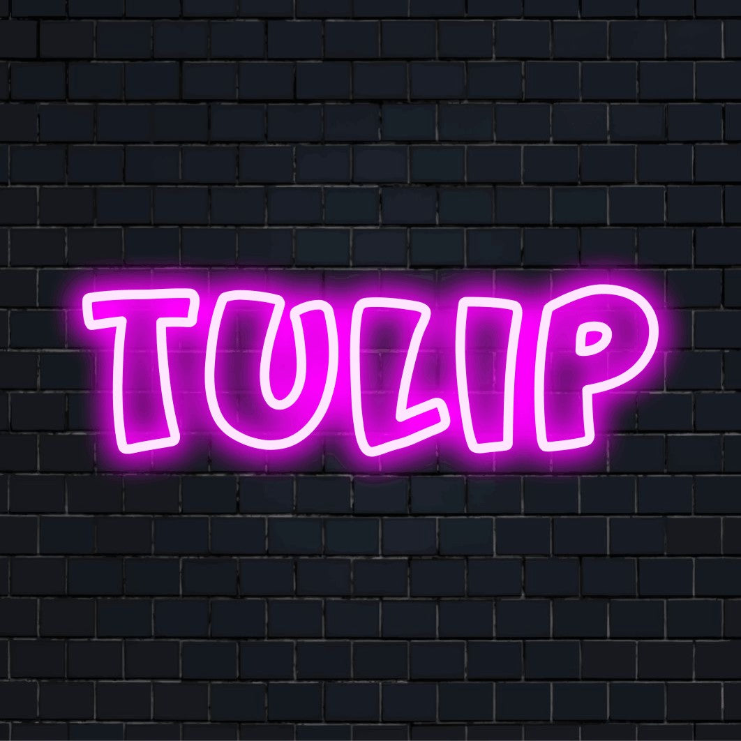 Tulip Neon Sign, bright neon glow on black brick background