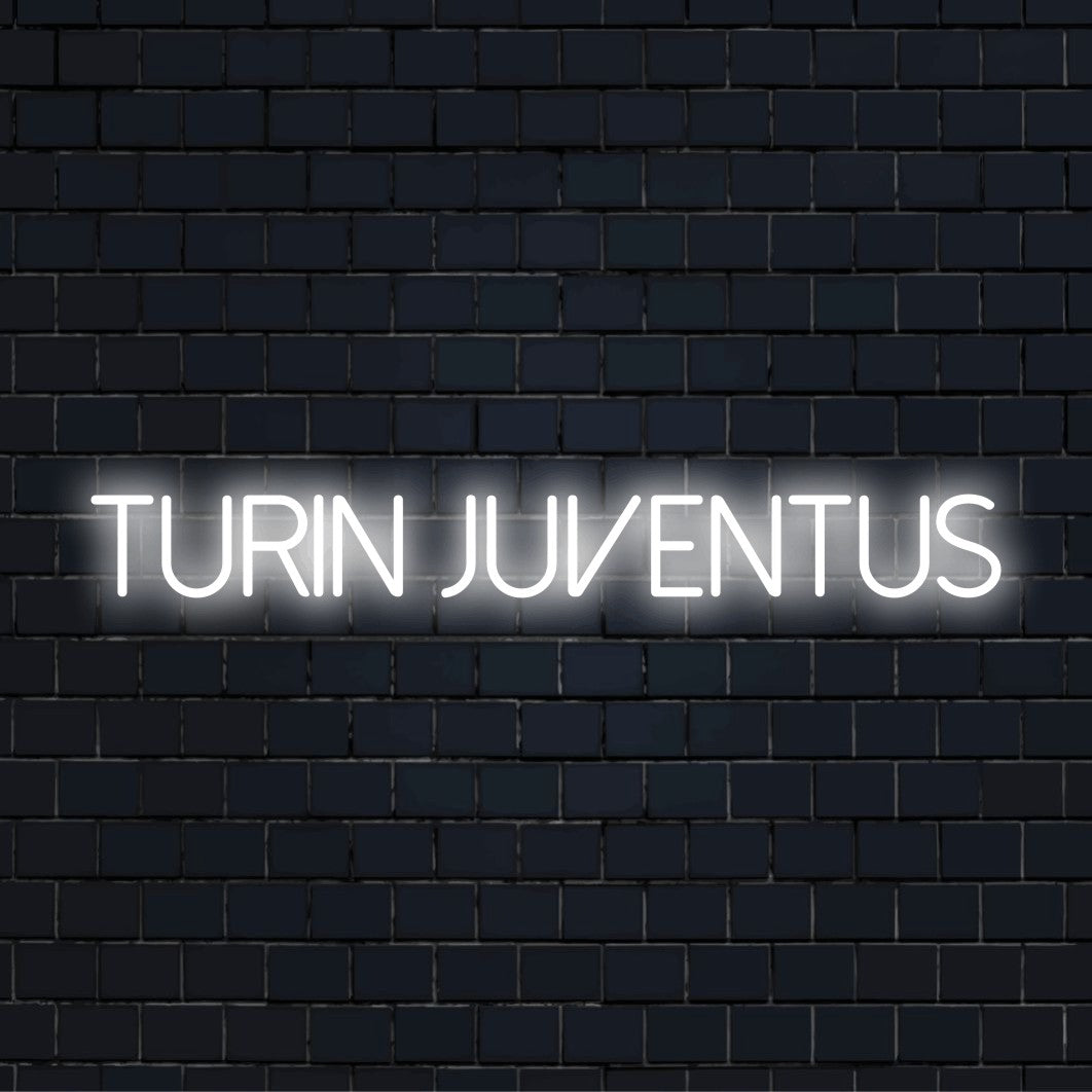 Turin Juventus LED Neon Sign, bright neon lettering on black brick background
