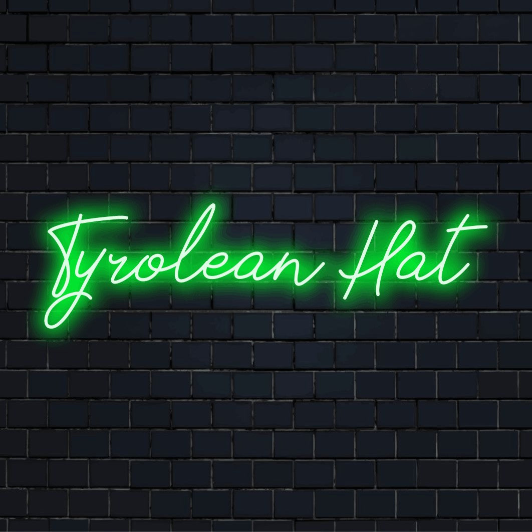 Tyrolean Hat LED Neon Sign, glowing lettering against brick backdrop