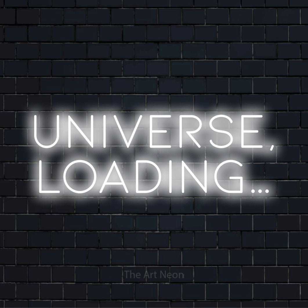 "Universe, Loading…" text design with neon effect on a black brick wall