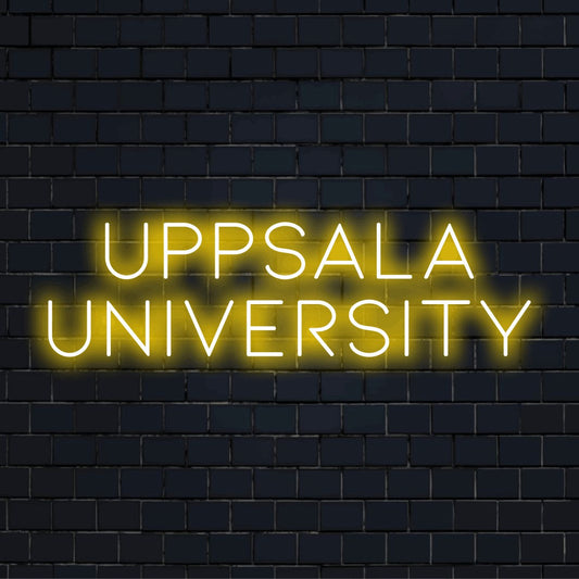 Uppsala University Neon Light with bright neon lettering on dark brick background