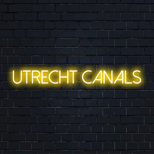 Utrecht Canals LED Neon Sign, bright neon lettering on dark brick wall
