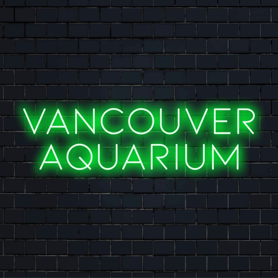 Vancouver Aquarium Neon Sign, soft neon glow on black brick background