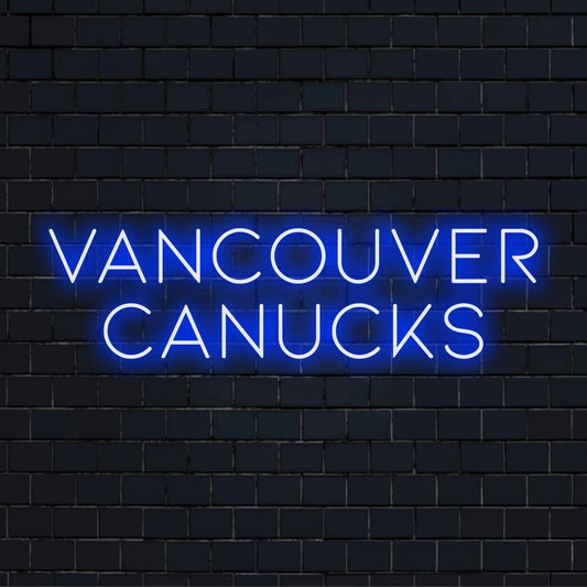 Vancouver Canucks Neon Sign, neon text light on black brick background