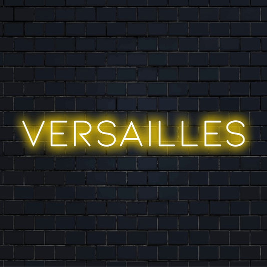 Versailles Neon Light with soft neon glow on dark brick background