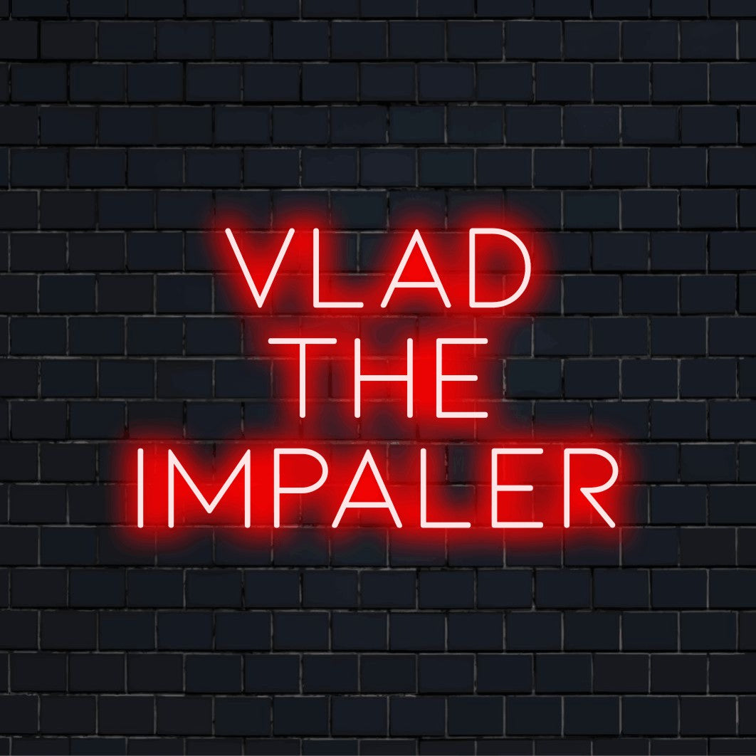 Vlad The Impaler Neon Sign, glowing neon text against black brick wall