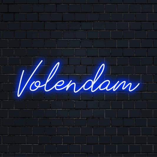 Volendam Neon Sign, glowing wall decor against brick backdrop