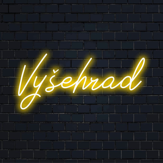 Vy Ehrad LED Neon Sign, glowing neon text on dark brick background