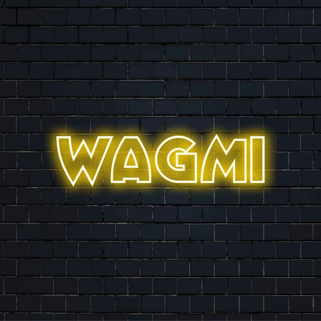 Wagmi LED Neon Sign, glowing wall decor against brick backdrop