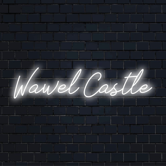 Wawel Castle Neon Light with bright LED glow on black brick background