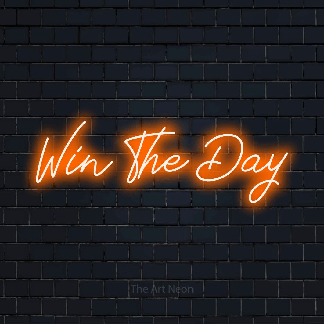 "Win The Day" text design with neon effect on a black brick wall
