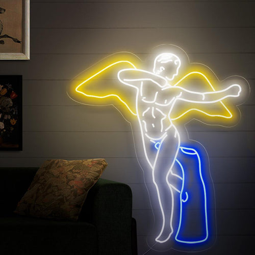 Ein fesselndes Neonschild mit der Statue eines geflügelten Mannes, das eine dynamische Skulptur eines Mannes mit Flügeln zeigt.
